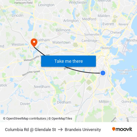 Columbia Rd @ Glendale St to Brandeis University map