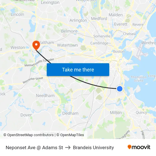 Neponset Ave @ Adams St to Brandeis University map