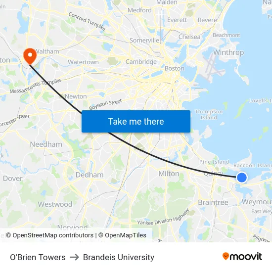 O'Brien Towers to Brandeis University map