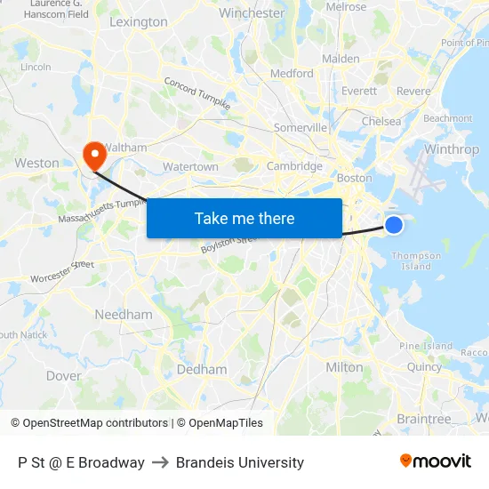 P St @ E Broadway to Brandeis University map
