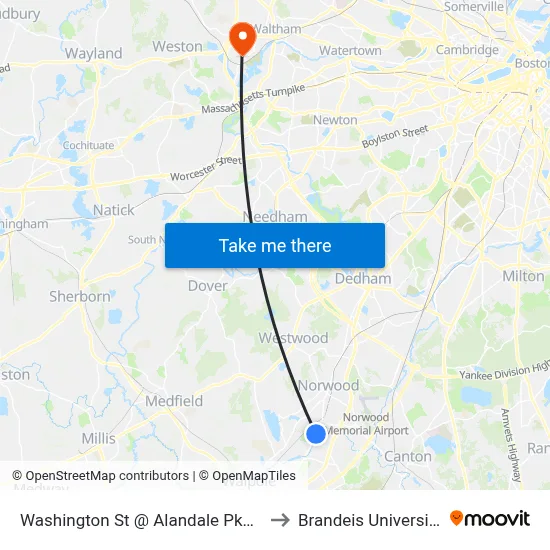 Washington St @ Alandale Pkwy to Brandeis University map