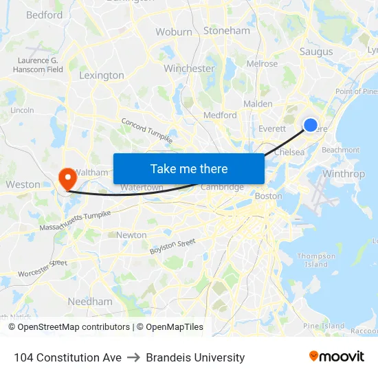 104 Constitution Ave to Brandeis University map