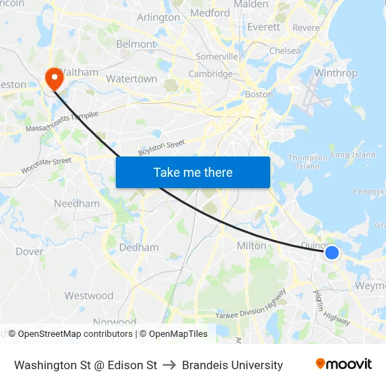 Washington St @ Edison St to Brandeis University map