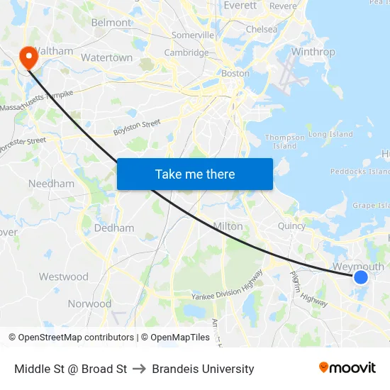 Middle St @ Broad St to Brandeis University map