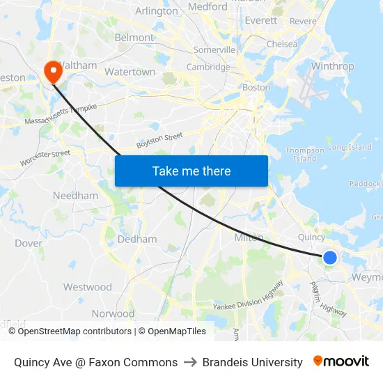 Quincy Ave @ Faxon Commons to Brandeis University map