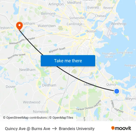 Quincy Ave @ Burns Ave to Brandeis University map