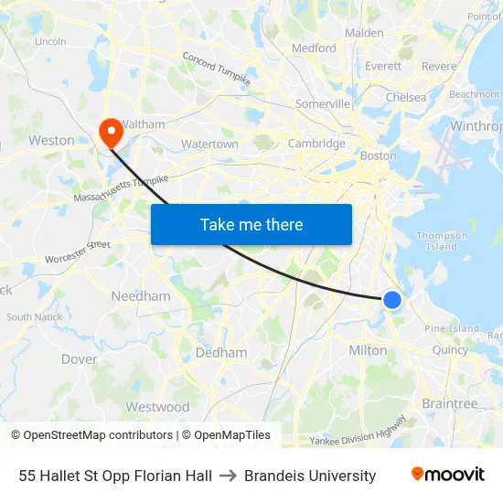 55 Hallet St Opp Florian Hall to Brandeis University map