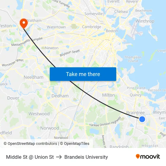 Middle St @ Union St to Brandeis University map