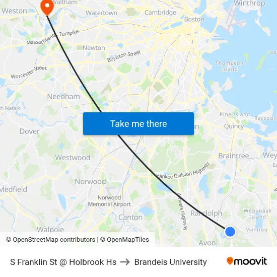 S Franklin St @ Holbrook Hs to Brandeis University map