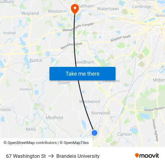 67 Washington St to Brandeis University map
