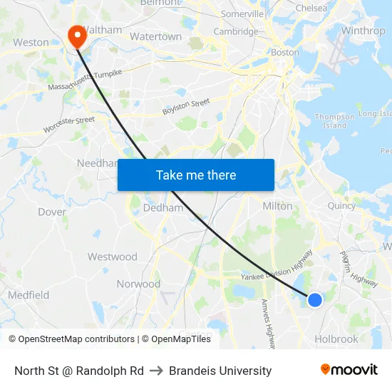 North St @ Randolph Rd to Brandeis University map