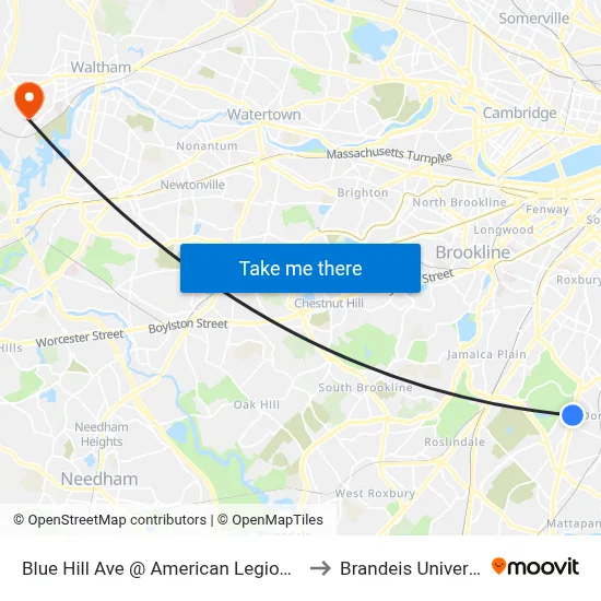 Blue Hill Ave @ American Legion Hwy to Brandeis University map