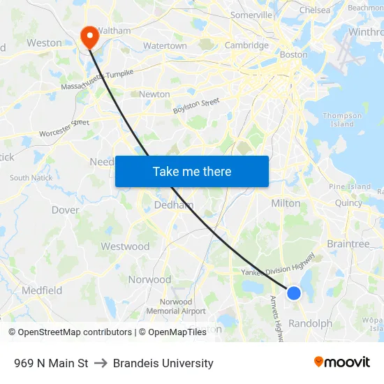 969 N Main St to Brandeis University map