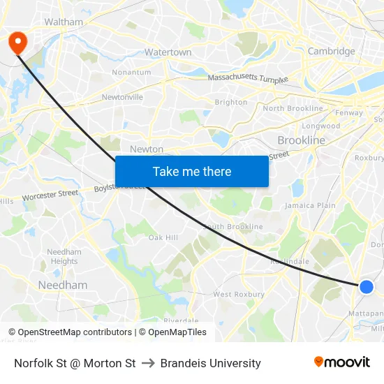 Norfolk St @ Morton St to Brandeis University map