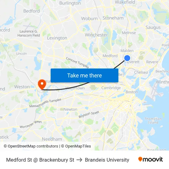 Medford St @ Brackenbury St to Brandeis University map