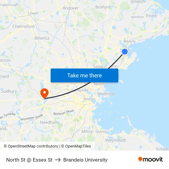 North St @ Essex St to Brandeis University map
