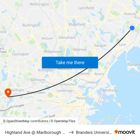 Highland Ave @ Marlborough Rd to Brandeis University map