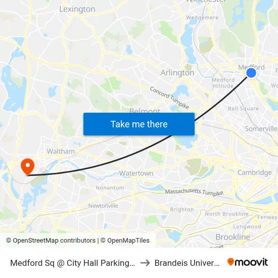Medford Sq @ City Hall Parking Lot to Brandeis University map