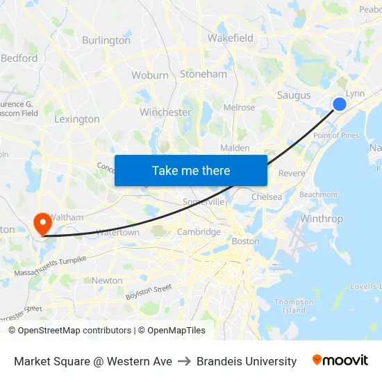 Market Square @ Western Ave to Brandeis University map