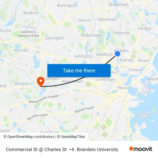 Commercial St @ Charles St to Brandeis University map
