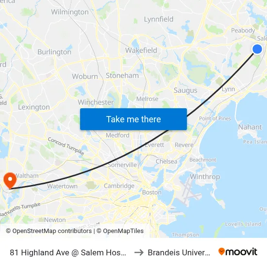 81 Highland Ave @ Salem Hospital to Brandeis University map
