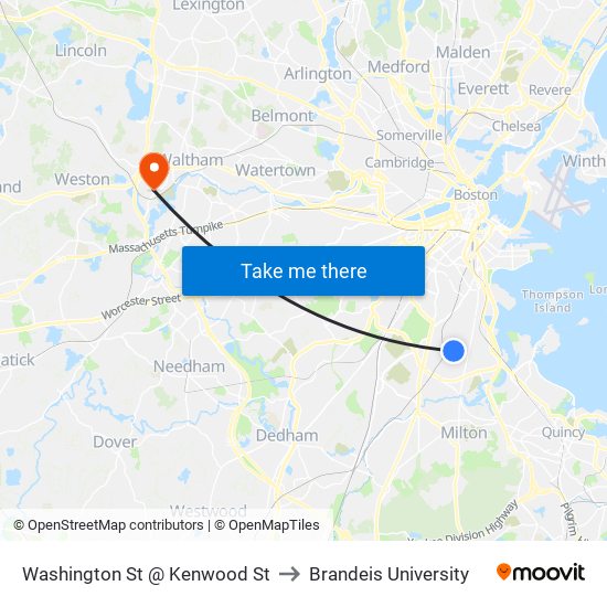 Washington St @ Kenwood St to Brandeis University map