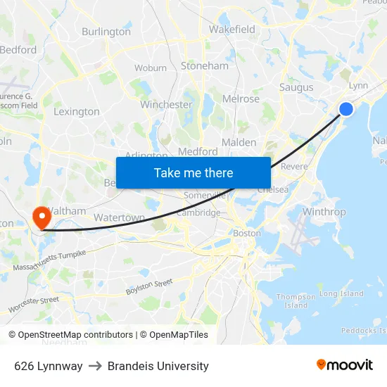 626 Lynnway to Brandeis University map
