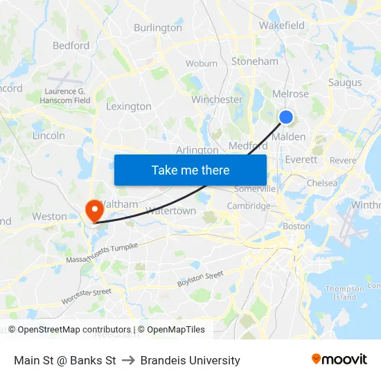 Main St @ Banks St to Brandeis University map