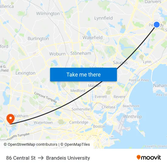 86 Central St to Brandeis University map