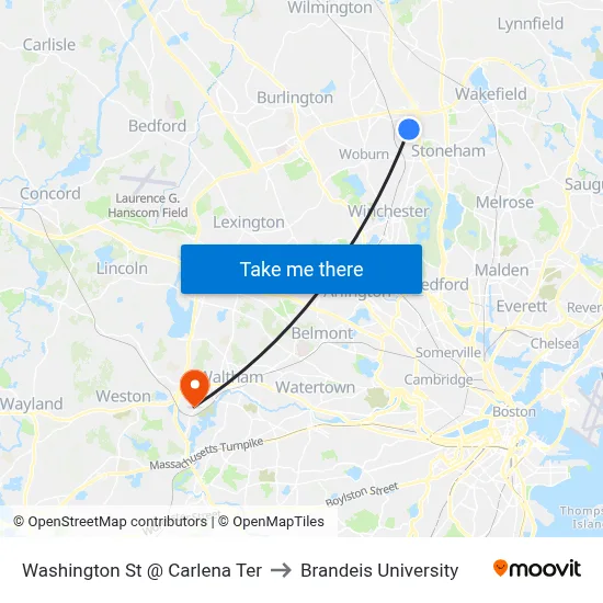 Washington St @ Carlena Ter to Brandeis University map