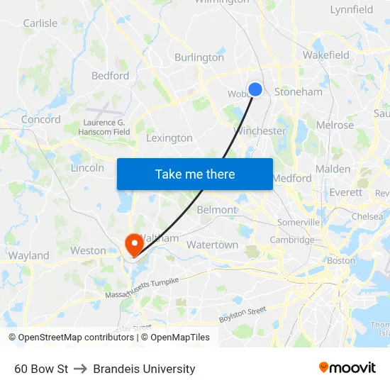 60 Bow St to Brandeis University map