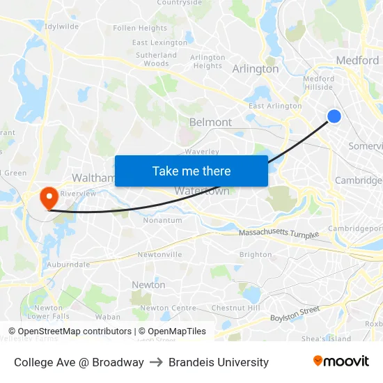 College Ave @ Broadway to Brandeis University map