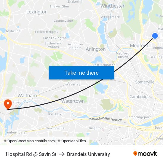 Hospital Rd @ Savin St to Brandeis University map