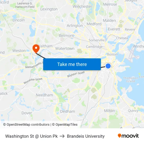 Washington St @ Union Pk to Brandeis University map