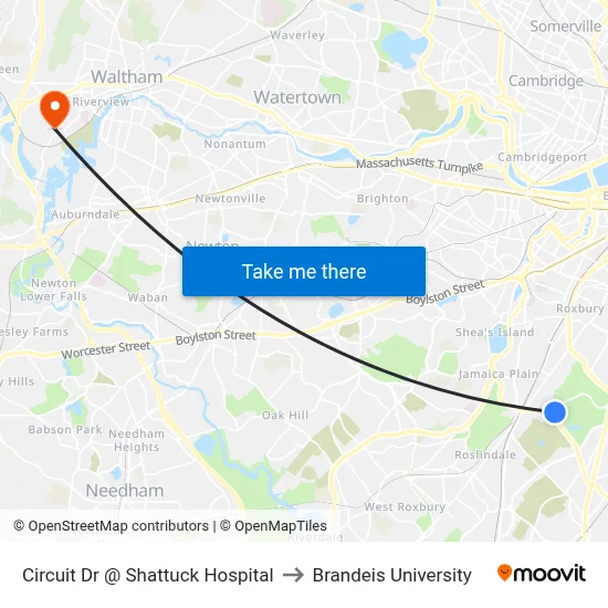 Circuit Dr @ Shattuck Hospital to Brandeis University map
