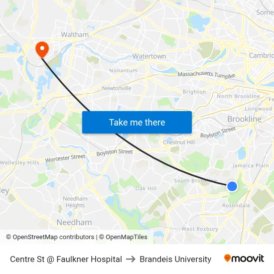 Centre St @ Faulkner Hospital to Brandeis University map