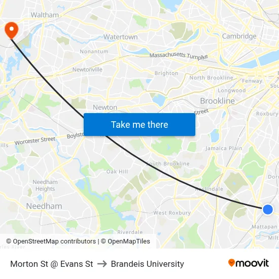 Morton St @ Evans St to Brandeis University map