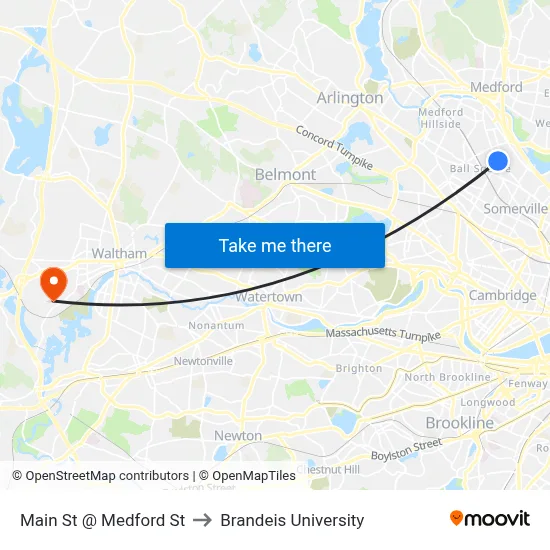 Main St @ Medford St to Brandeis University map