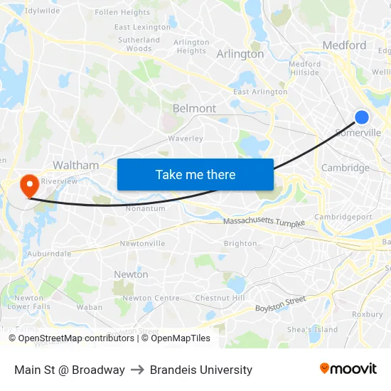 Main St @ Broadway to Brandeis University map