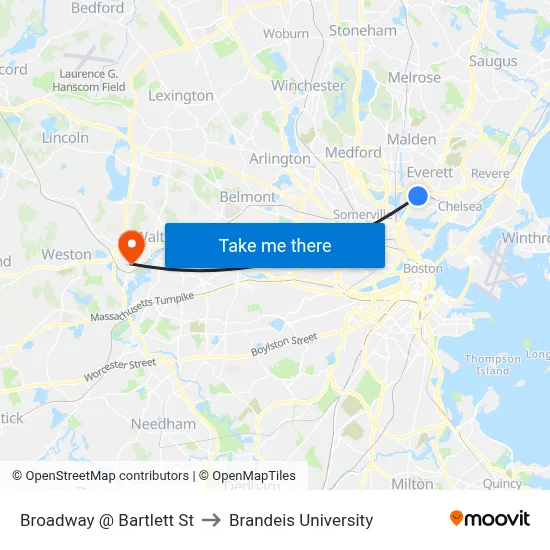 Broadway @ Bartlett St to Brandeis University map