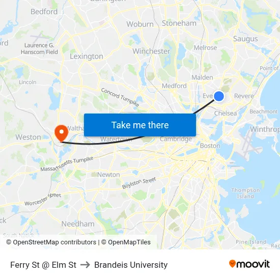 Ferry St @ Elm St to Brandeis University map
