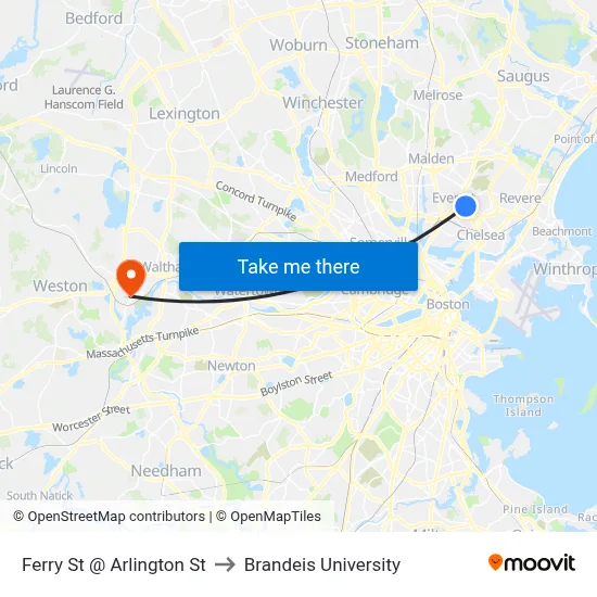 Ferry St @ Arlington St to Brandeis University map