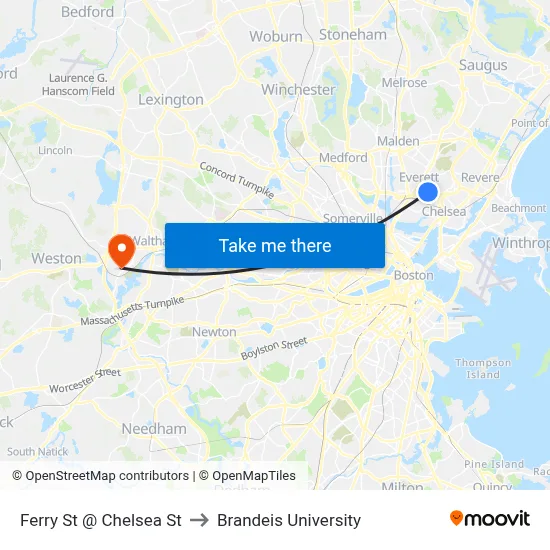 Ferry St @ Chelsea St to Brandeis University map