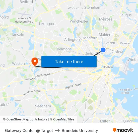 Gateway Center @ Target to Brandeis University map