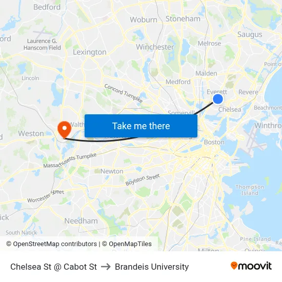 Chelsea St @ Cabot St to Brandeis University map