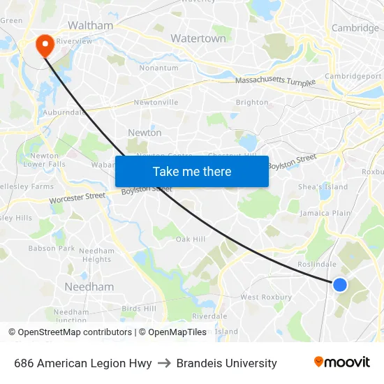 686 American Legion Hwy to Brandeis University map
