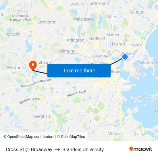 Cross St @ Broadway to Brandeis University map