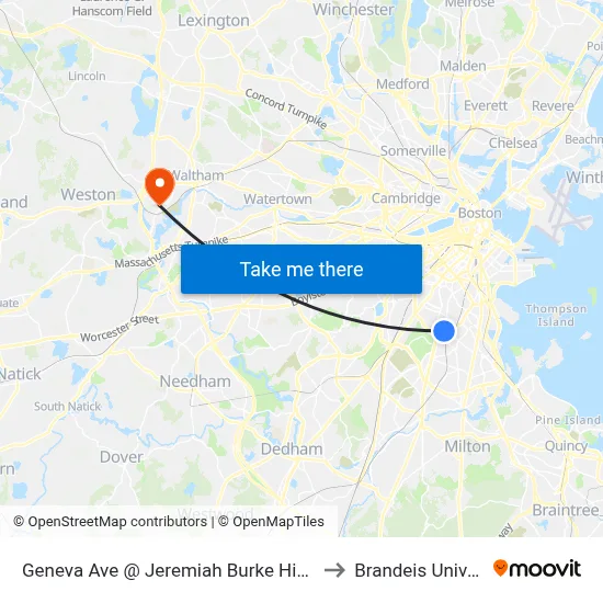 Geneva Ave @ Jeremiah Burke High School to Brandeis University map