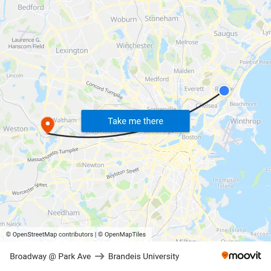 Broadway @ Park Ave to Brandeis University map