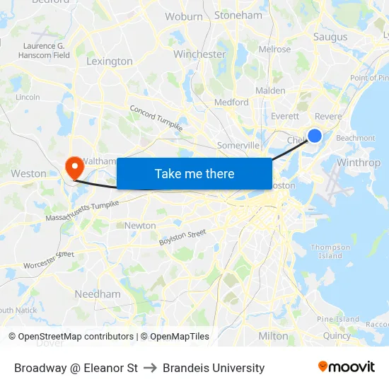 Broadway @ Eleanor St to Brandeis University map